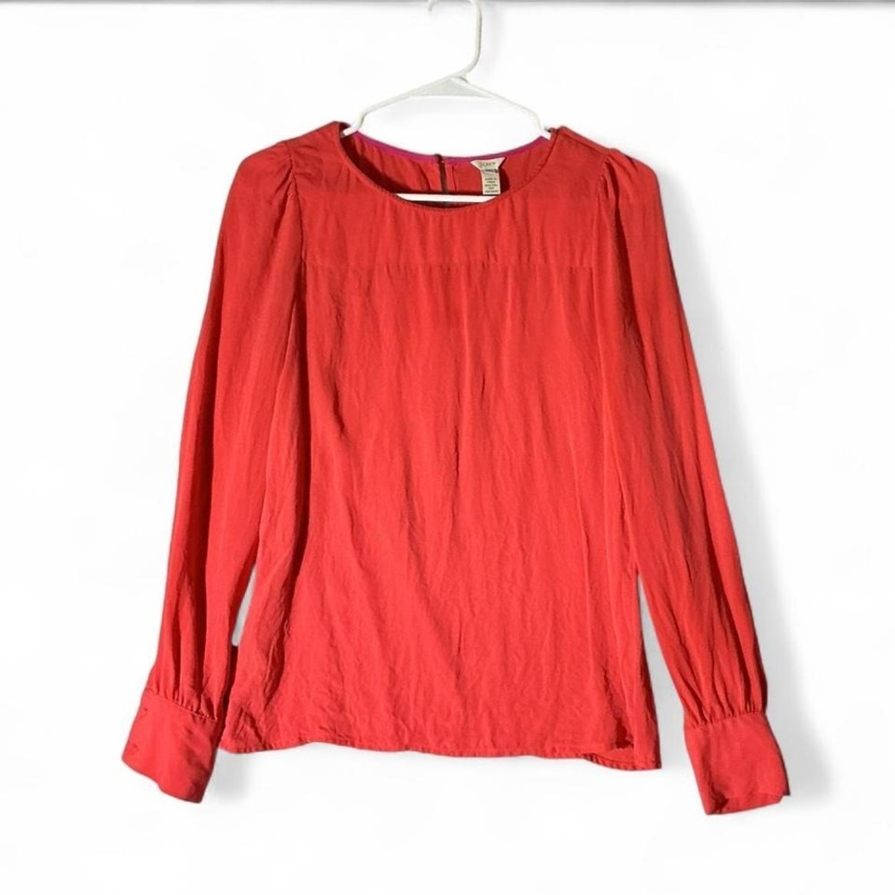 J.Crew Womens 100% Silk Long Sleeve Preppy Blouse Coral Red 58742 Size 2